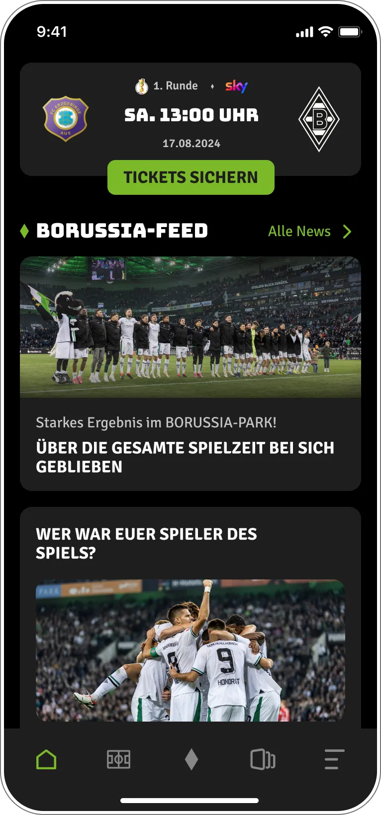 Homebildschirm der Fohlen-App mit Spieltagsinfos, Ticket-Kauf, News-Feed.