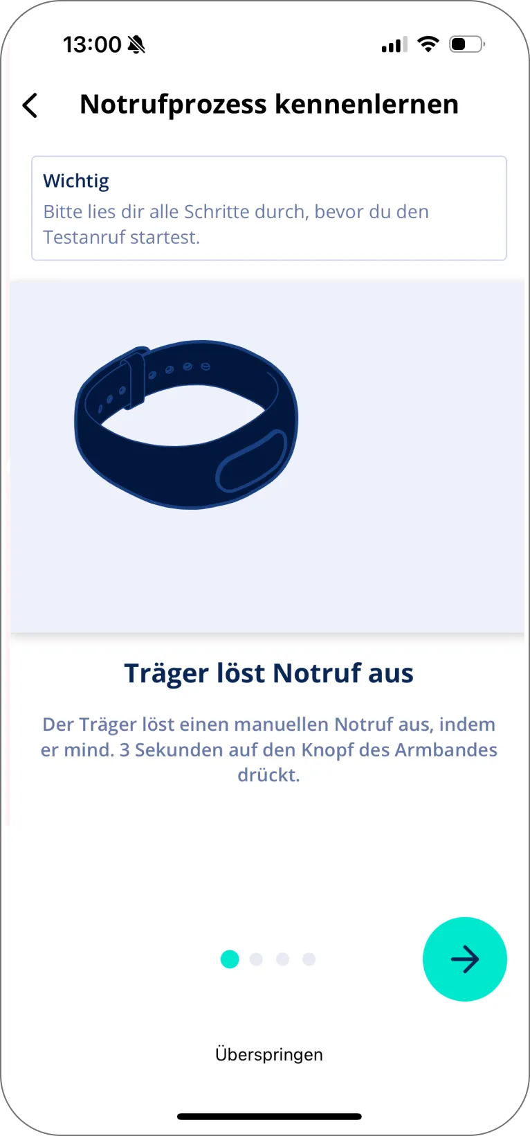 Onboarding-Screen, der erklärt, wie der Träger über das Notrufarmband einen manuellen Notruf auslöst.