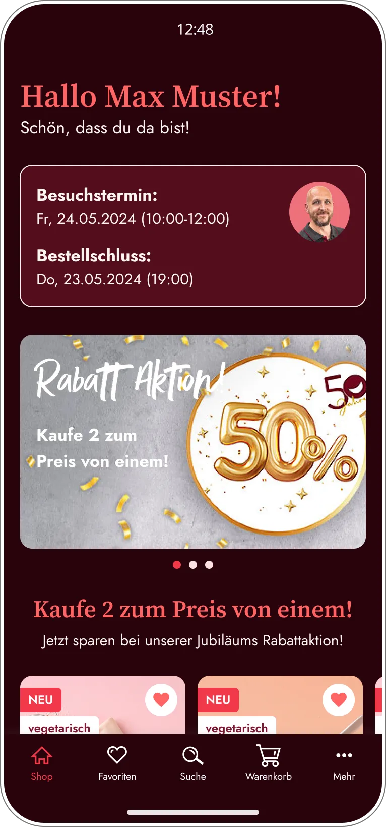 Startscreen der Eismann App im Dark Mode mit persönlicher Begrüßung, nächstem Liefertermin, aktiver Rabattaktion und direktem Einstieg in den Shop.