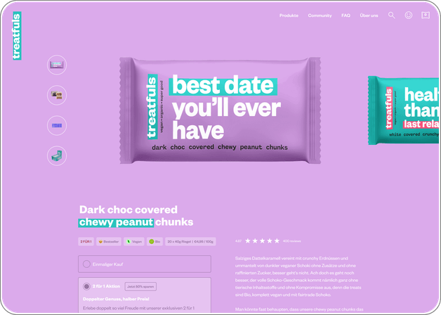 Produktdetailseite mit großem Produktvisual, kurzen Beschreibungen und klarer Kaufoption im Treatfuls-Shop.