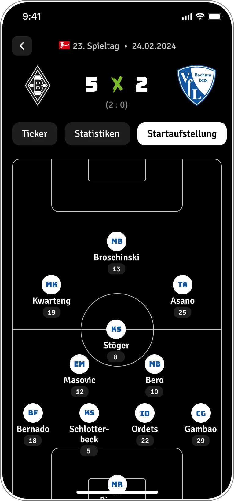 Live-Matchday-Aufstellung mit visueller Spielerpositionierung in der Fohlen-App.