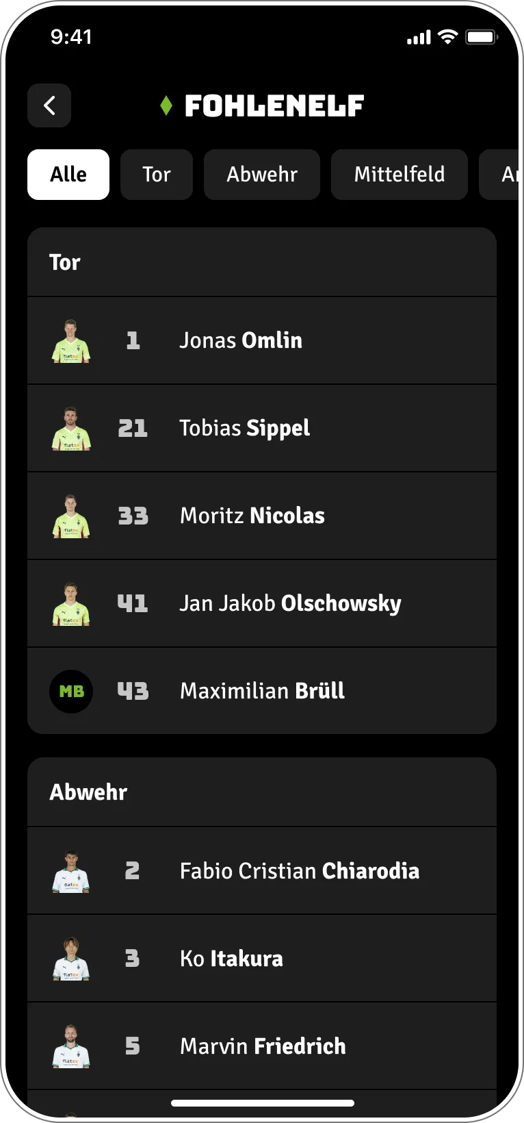 Kaderübersicht mit nach Positionen filterbarer Mannschaftsliste.